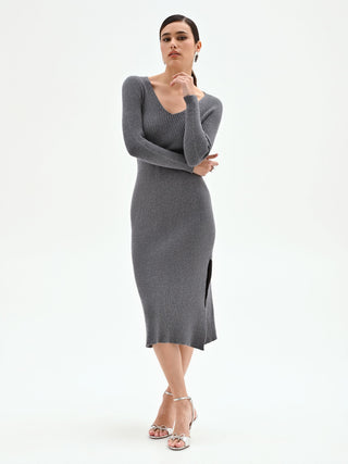 Medium grey knit dress with side slits
