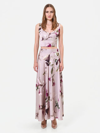 Gonna lunga in raso stampa floreale tortora beige