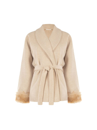Short wrap coat in beige taupe wool blend