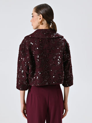 Short Coat in Burgundy Bouclé Fabric with Sequins