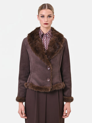 Dark Brown Short Jacket with Faux Fur Details