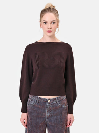 Maglia in viscosa marrone moro con monogramma a rilievo