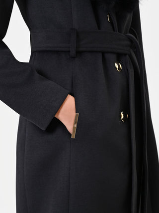 Cappotto monopetto nero con collo effetto pelliccia