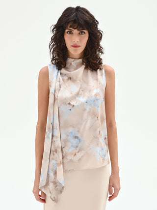 Sky blue top with watercolor print and scarf neck