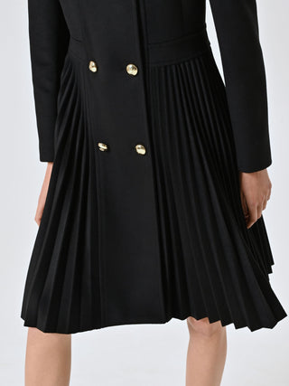 Black Pleated Coat with Fur Collar