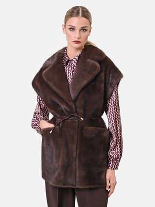 Gilet smanicato cioccolato effetto pelliccia