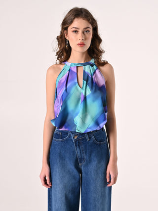 Abstract-print Top with Halterneck
