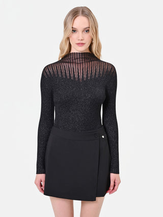 Black Ribbed Viscose Top with Semi-Sheer Insert