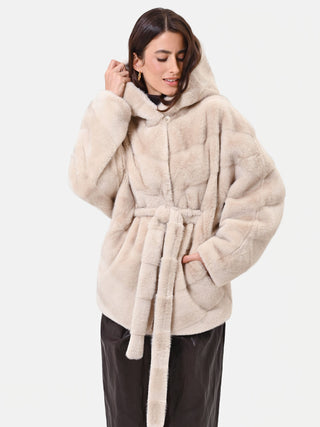 Beige Hooded Wrap Coat with Striped Texture