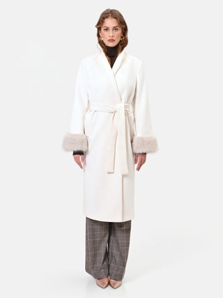 Cream Wrap Coat with Faux Fur Cuffs