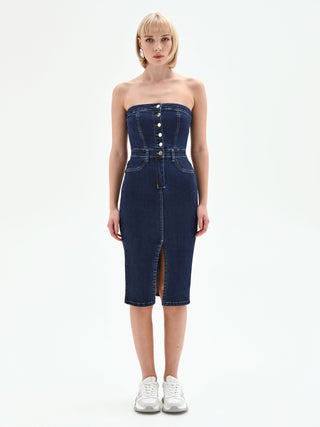 Navy Denim Sheath Dress with Gold Buttons