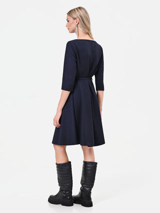 Navy Blue Belted Midi Dress with Flared Skirt
