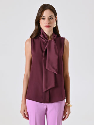 Burgundy Top with Bow and Sewn Pleats