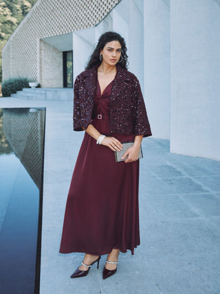Curvy Short Coat in Burgundy Bouclé Fabric with Sequins