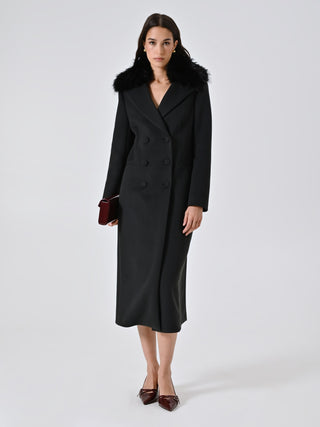 Maxi Cappotto Nero misto Viscosa con Collo effetto Pelliccia