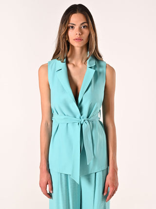 Aqua Green Waistcoat in Crinkled Viscose Blend with Belt