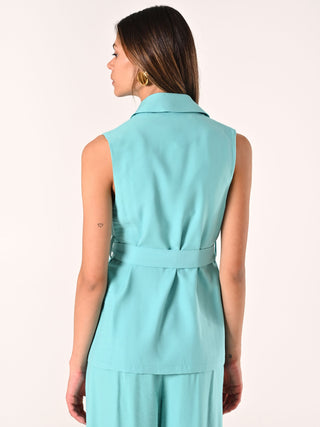 Aqua Green Waistcoat in Crinkled Viscose Blend with Belt