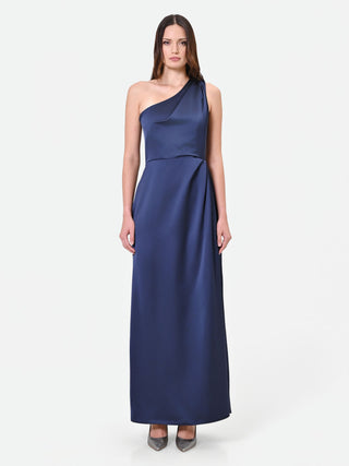 Abito lungo blu navy monospalla con drappeggio
