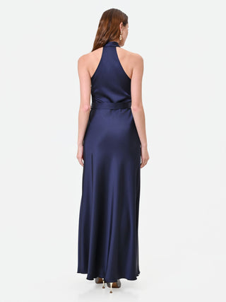 Abito lungo blu navy con scollo all'americana drappeggiato