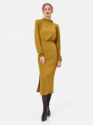 Oil Green Sheath Dress with Draped Bodice