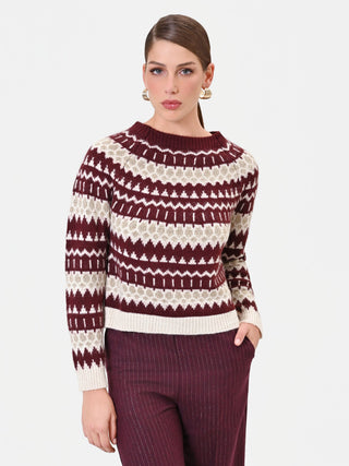 Maglia bordeaux jacquard con motivi geometrici