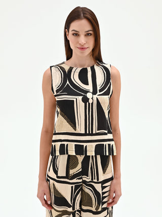 Schwarzes Top mit abstraktem Print und Volant am Saum