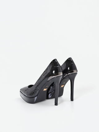 Black Croc-Embossed Platform Pumps