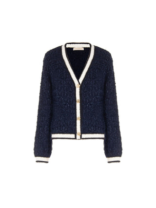 Navy Blue Knit Cardigan with Contrast Trim