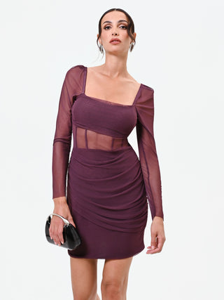 Burgundy Tulle Mini Dress with Boned Bodice