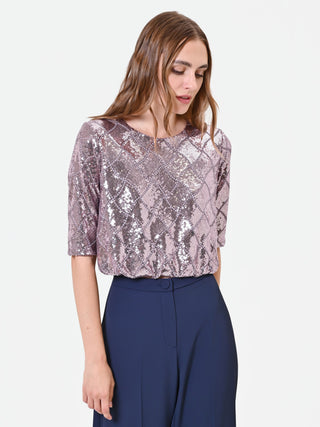 Blusa rosa antico in paillettes con disegno a rombi