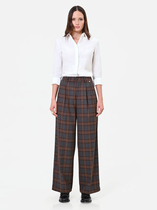 Pantalone a palazzo marrone con motivo check