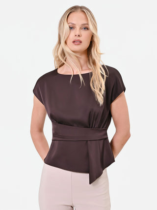 Blusa moro marrone in raso con dettaglio incrociato