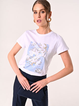 Cotton T-shirt with Light Blue & Gold Print