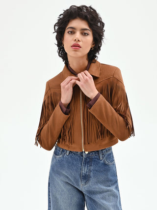 Jacke in Wildlederoptik in Camelbeige mit Fransen