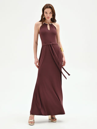 Schokoladenfarbenes Maxikleid mit Collier-Ausschnitt