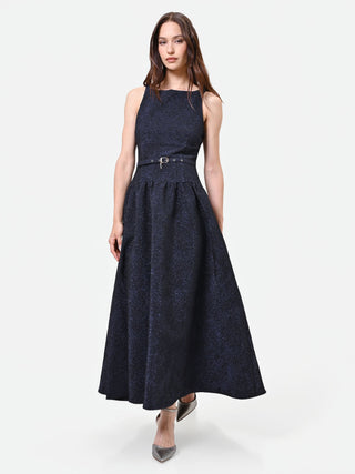 Abito blu navy jacquard con gonna ampia
