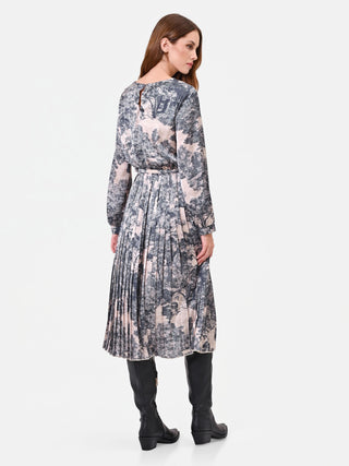 Robe midi grise avec jupe plissée et imprimé
