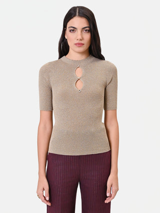 Maglia in viscosa oro con cut-out e bottoni gioiello