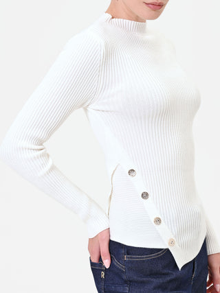 Maglia misto viscosa asimmetrica con bottoni panna bianco
