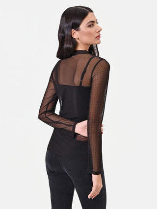 T-shirt nera doppiata in tulle con strass