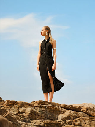 Black Linen Viscose Shirt Dress