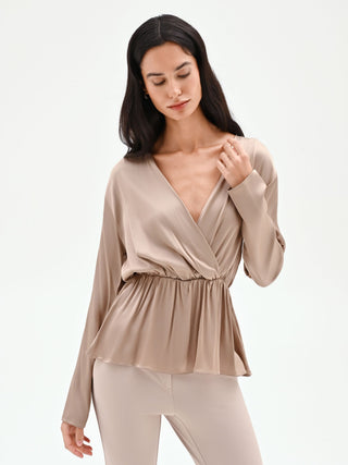 Blusa portafoglio tortora beige con arriccio