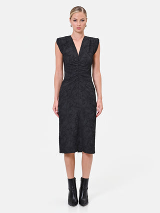 Black Jacquard Draped Sheath Dress