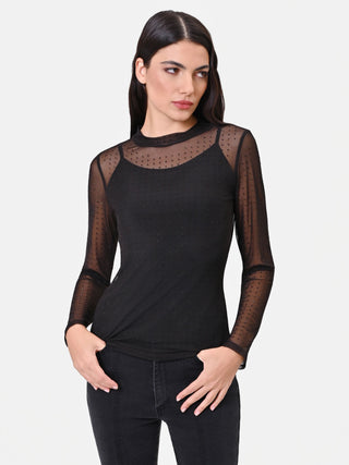 T-shirt nera doppiata in tulle con strass