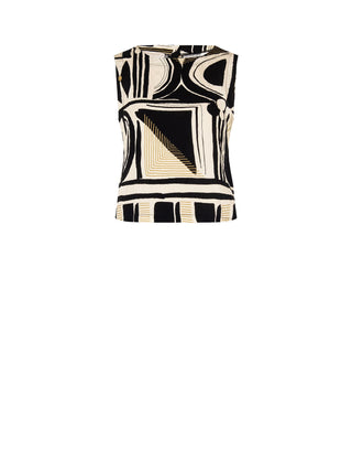 Schwarzes Top mit abstraktem Print und Volant am Saum