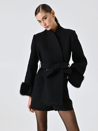 Short Black Coat with Fur-effect Inserts