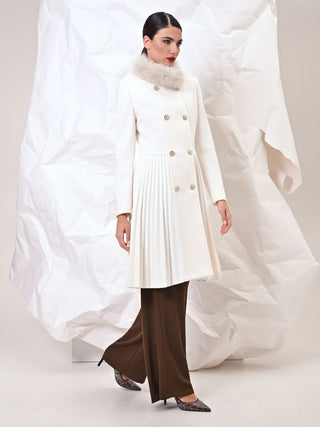 Off-White Double-Breasted Coat with Faux Fur Collar