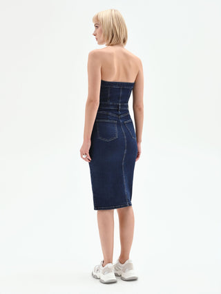 Navy Denim Sheath Dress with Gold Buttons