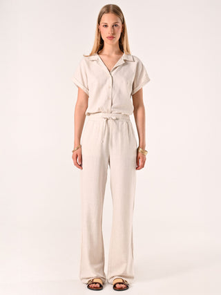 Pantalon ample beige en lin et coton
