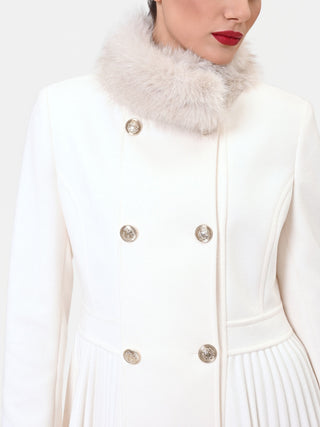 Off-White Double-Breasted Coat with Faux Fur Collar